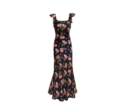 Black small flying sleeve slim floral long skirt 2025 new holiday style French retro dress R0048