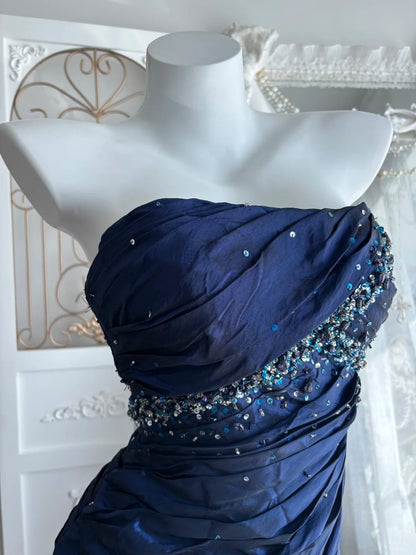 Elegant Prom Dress Dark Blue Strapless Pleated Mermaid Gala Dress Evening Dress 18th Birthday Gown      D5372