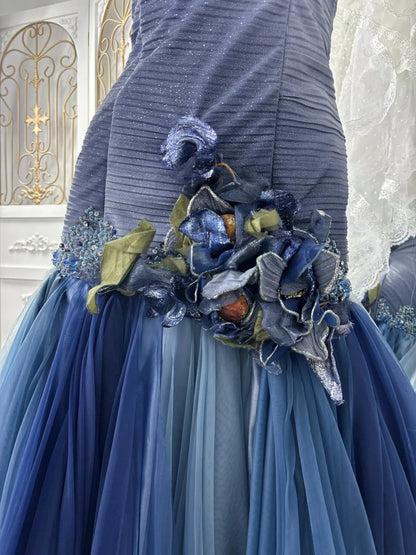 Sexy Prom Dress Strapless Pleated Tulle Mermaid Gala Dress Evening Dress 18th Birthday Gown      D5374