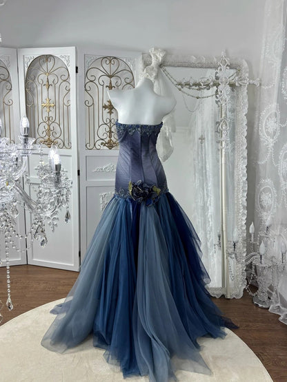 Sexy Prom Dress Strapless Pleated Tulle Mermaid Gala Dress Evening Dress 18th Birthday Gown      D5374