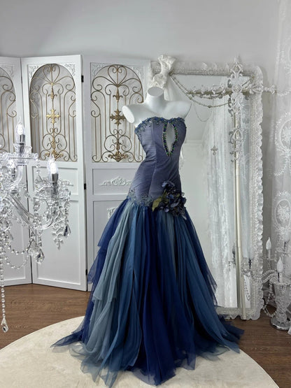 Sexy Prom Dress Strapless Pleated Tulle Mermaid Gala Dress Evening Dress 18th Birthday Gown      D5374