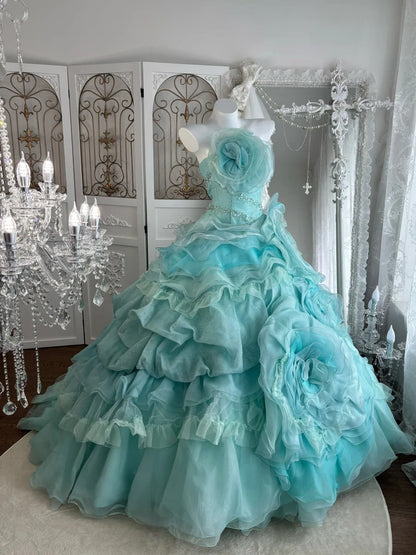 Pretty Ball Gown Strapless Pleated Tiered Evening Dress Sweet 16th Dress Birthday Prom Gown       D5375