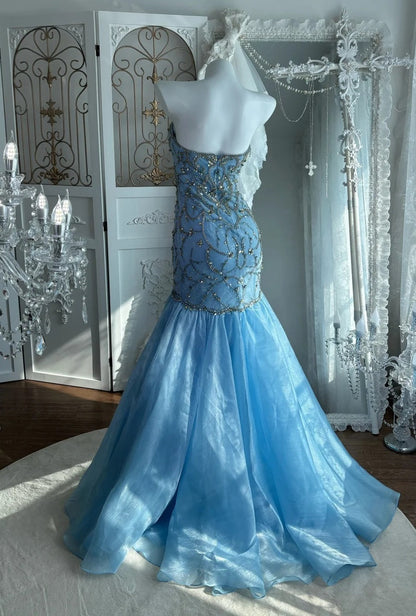 Charming Prom Dress Strapless Pleated Tulle Mermaid Gala Dress Evening Dress 18th Birthday Gown      D5378