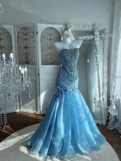 Charming Prom Dress Strapless Pleated Tulle Mermaid Gala Dress Evening Dress 18th Birthday Gown      D5378