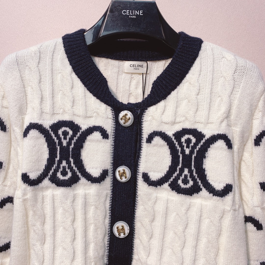 Celine 25 Cardigan Logo White Wool 293416