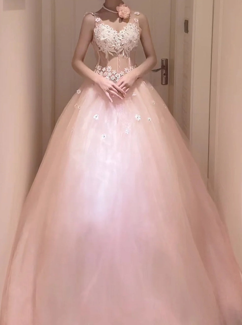 Pretty Ball Gown Light Pink V-neck Pleated Tulle Evening Dress Sweet 16th Dress Birthday Prom Gown       D5384