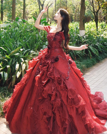 Gorgeous Ball Gown Red Off Shoulder Pleated Evening Dress Sweet 16th Dress Birthday Prom Gown       D5385