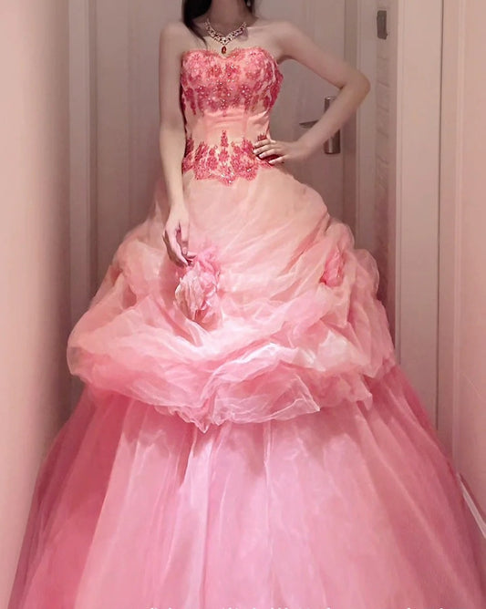 Stunning Ball Gown Pink Strapless Pleated Tulle Evening Dress Sweet 16th Dress Birthday Prom Gown       D5386