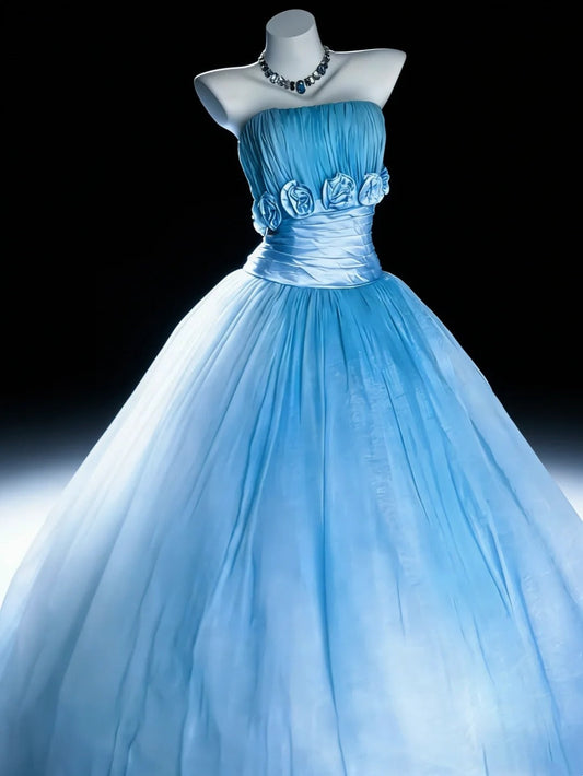 Pretty Ball Gown Light Blue Strapless Pleated Evening Dress Quniceanera Dress Birthday Prom Gown       D5394