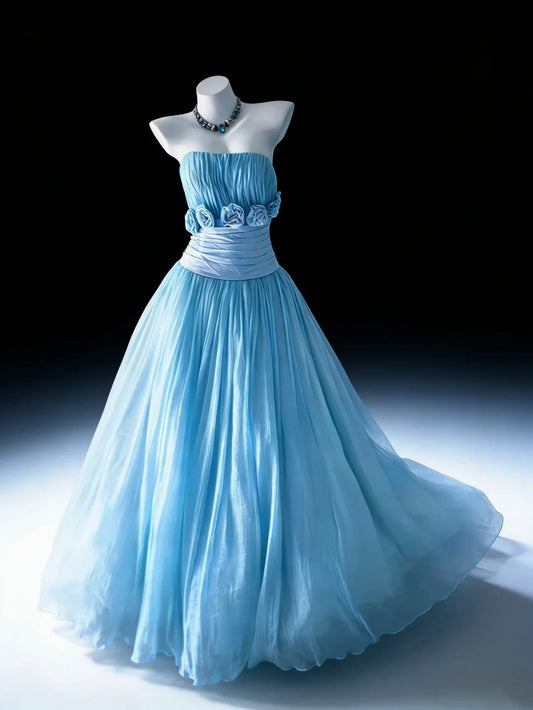 Pretty Ball Gown Light Blue Strapless Pleated Evening Dress Quniceanera Dress Birthday Prom Gown       D5394
