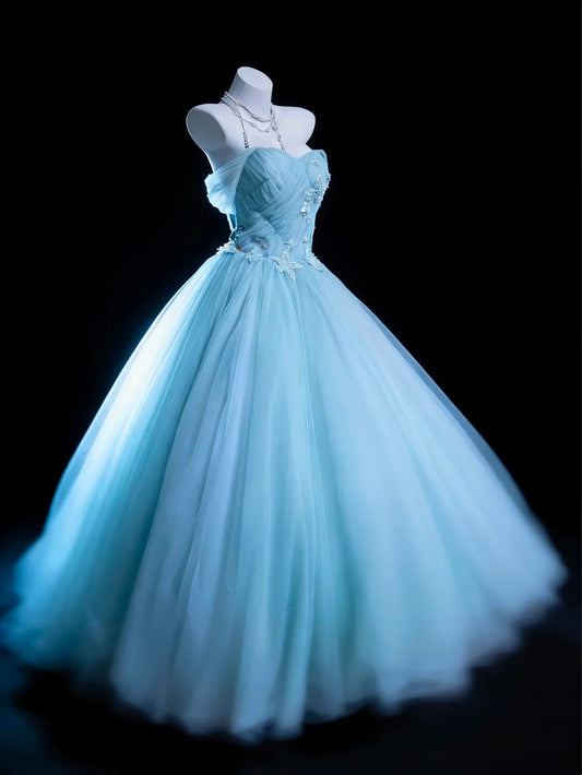 Chic Ball Gown Light Blue Off Shoulder Pleated Tulle Evening Dress Quniceanera Dress Birthday Prom Gown       D5396