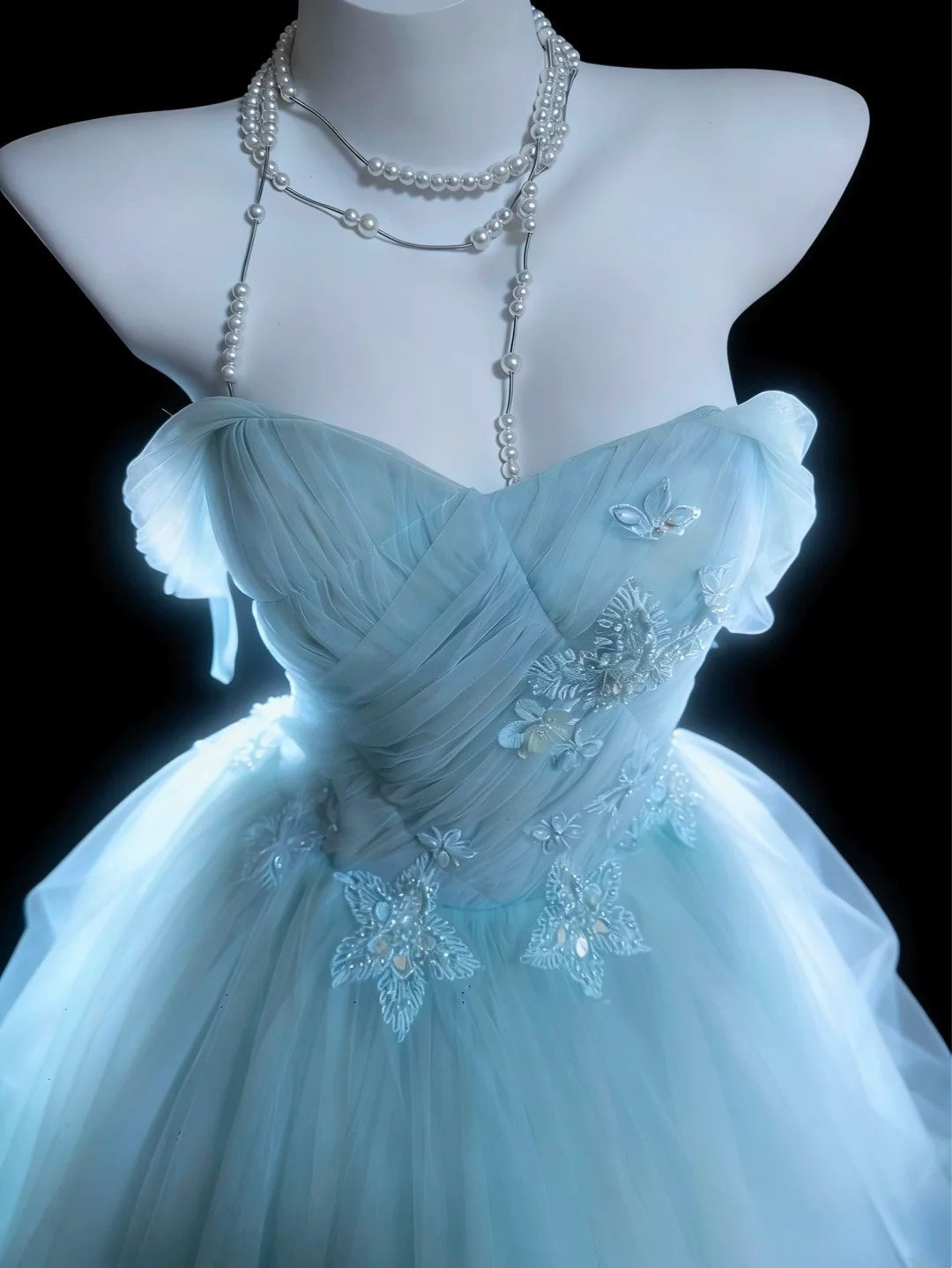 Chic Ball Gown Light Blue Off Shoulder Pleated Tulle Evening Dress Quniceanera Dress Birthday Prom Gown       D5396
