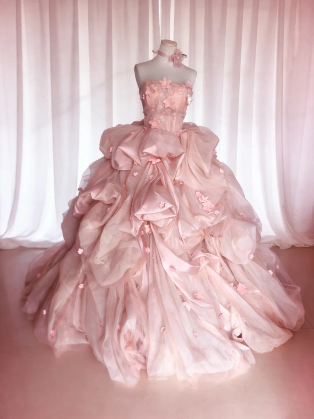 Beauty Ball Gown Pink Strapless Pleated Floral Evening Dress Quniceanera Dress Birthday Prom Gown       D5397