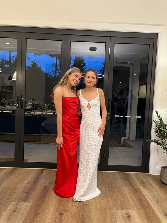 Red Strapless Sheath Long Party Dress Elegant Satin Evening Dress MD7344
