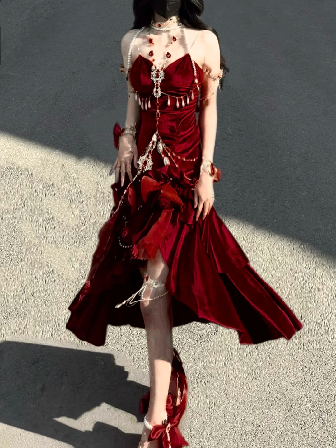 Sexy Wine Red Mermaid Velvet Long Evening Party Dress Birthday Outfits, D970