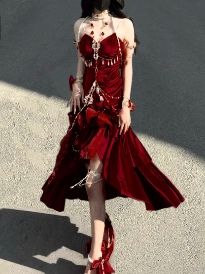 Sexy Wine Red Mermaid Velvet Long Evening Party Dress Birthday Outfits, D970