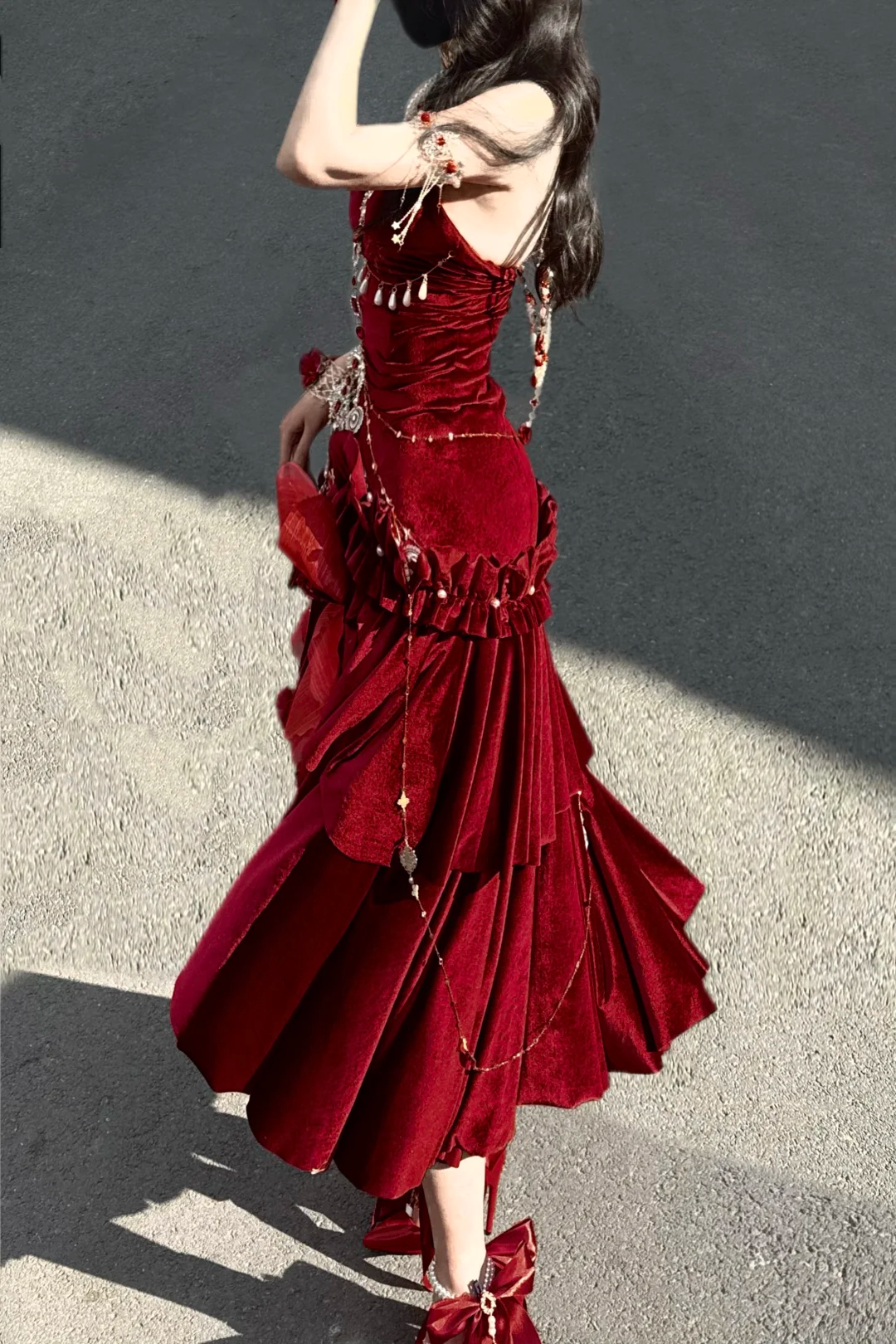 Sexy Wine Red Mermaid Velvet Long Evening Party Dress Birthday Outfits, D970