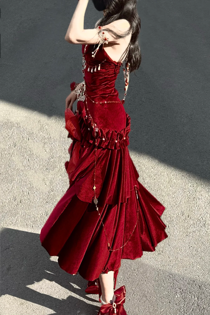 Sexy Wine Red Mermaid Velvet Long Evening Party Dress Birthday Outfits, D970