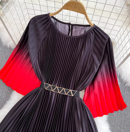 Light mature style celebrity temperament waist slimming A-line large swing printed pleated dress R0307