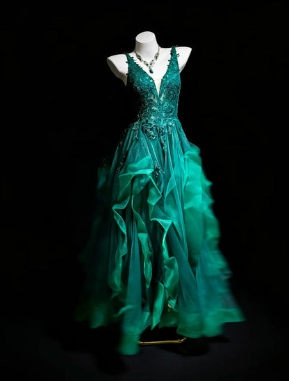 Pretty Ball Gown Dark Green Spgahtti Straps Pleated Tulle Evening Dress Quniceanera Dress Birthday Prom Gown       D5405