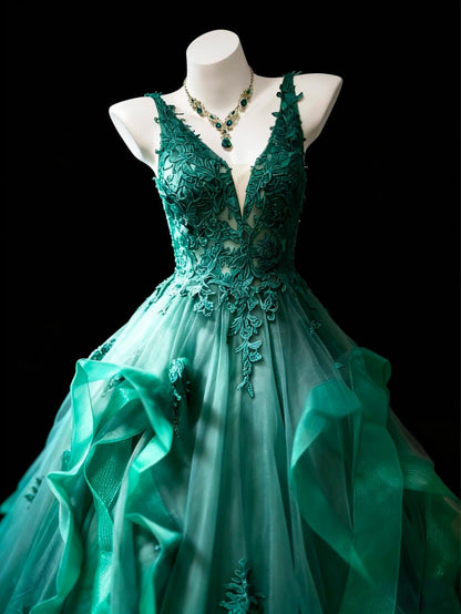 Pretty Ball Gown Dark Green Spgahtti Straps Pleated Tulle Evening Dress Quniceanera Dress Birthday Prom Gown       D5405
