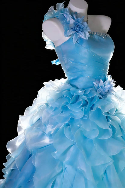 Chic Ball Gown One Shoulder Ruffle Evening Dress Sweet 16th Dress Birthday Prom Gown       D5411