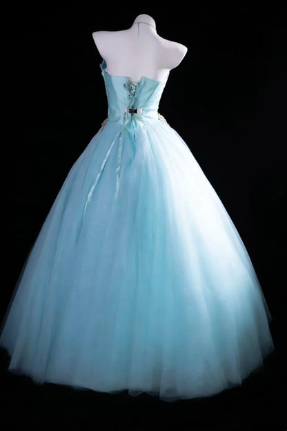 Elegant Ball Gown Light Blue Strapless Pleated Tulle Evening Dress Sweet 16th Dress Birthday Prom Gown       D5413