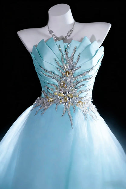 Elegant Ball Gown Light Blue Strapless Pleated Tulle Evening Dress Sweet 16th Dress Birthday Prom Gown       D5413