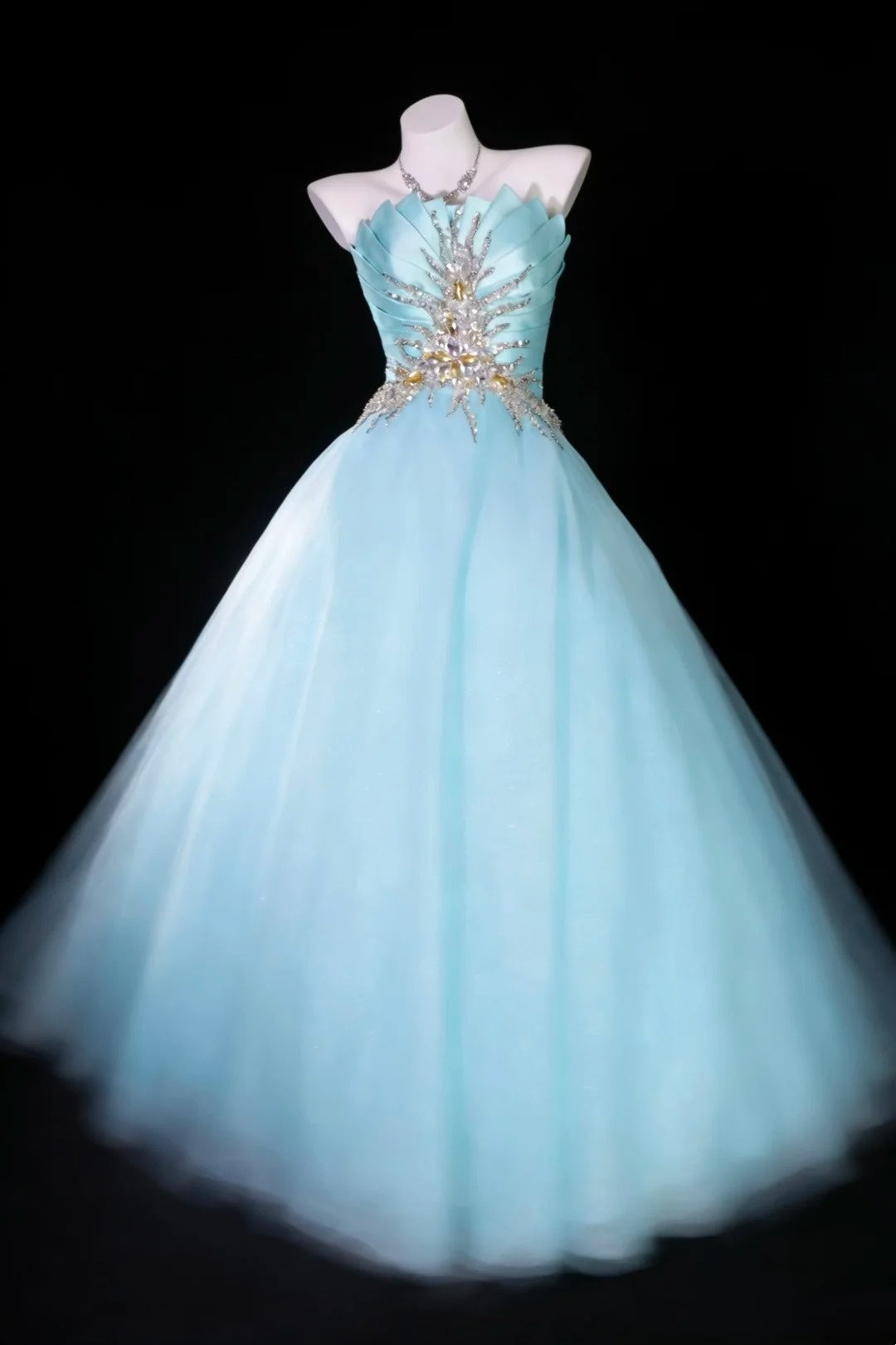 Elegant Ball Gown Light Blue Strapless Pleated Tulle Evening Dress Sweet 16th Dress Birthday Prom Gown       D5413