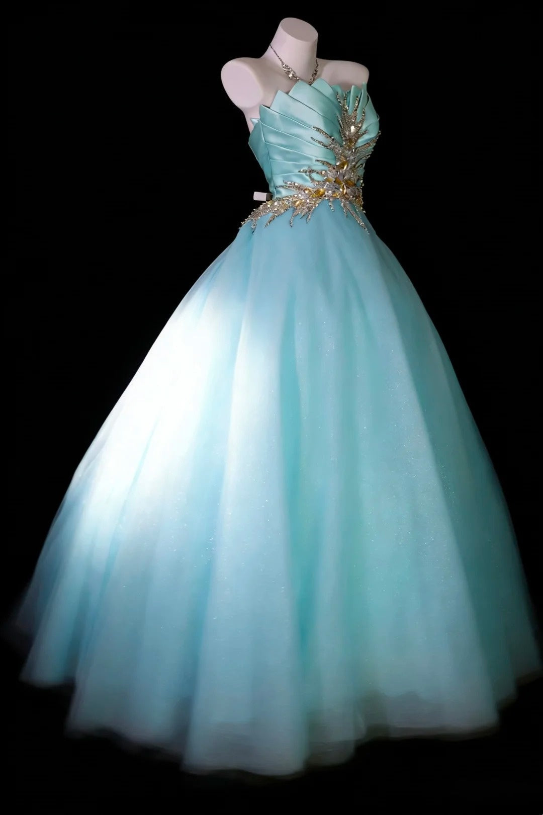 Elegant Ball Gown Light Blue Strapless Pleated Tulle Evening Dress Sweet 16th Dress Birthday Prom Gown       D5413