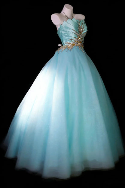Elegant Ball Gown Light Blue Strapless Pleated Tulle Evening Dress Sweet 16th Dress Birthday Prom Gown       D5413
