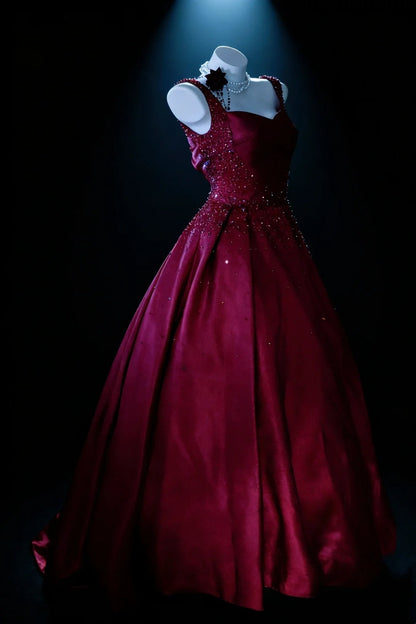 Stunning Ball Gown Wine Red Straps Pleated Evening Dress Sweet 16th Dress Birthday Prom Gown       D5415