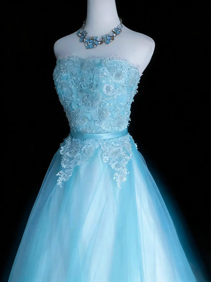 Pretty Ball Gown Light Blue Strapsless Pleated Tulle Evening Dress Quinceanera Dress Birthday Prom Gown       D5416