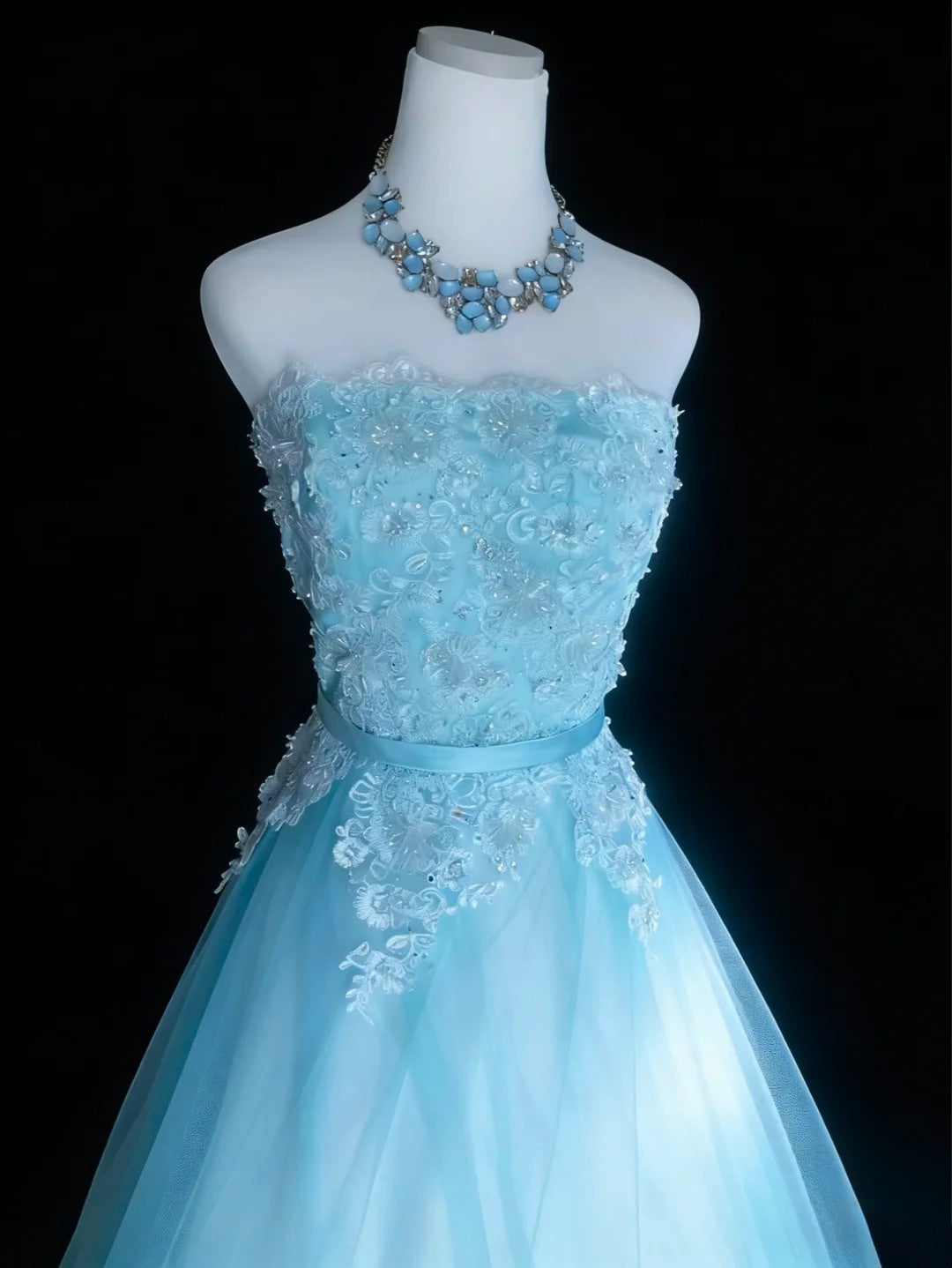 Pretty Ball Gown Light Blue Strapsless Pleated Tulle Evening Dress Quinceanera Dress Birthday Prom Gown       D5416
