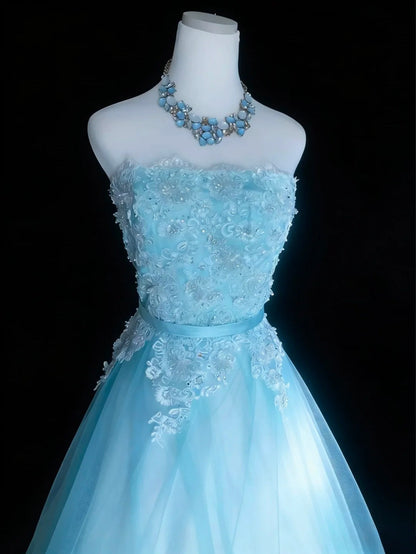 Pretty Ball Gown Light Blue Strapsless Pleated Tulle Evening Dress Quinceanera Dress Birthday Prom Gown       D5416