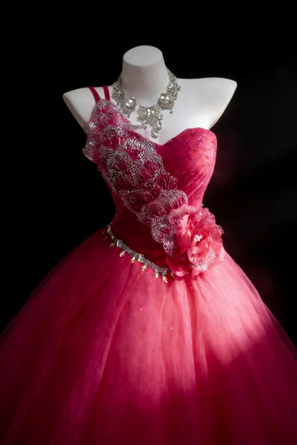Stunning Ball Gown One Shoulder Pleated Tulle Evening Dress Quinceanera Dress Birthday Prom Gown       D5422
