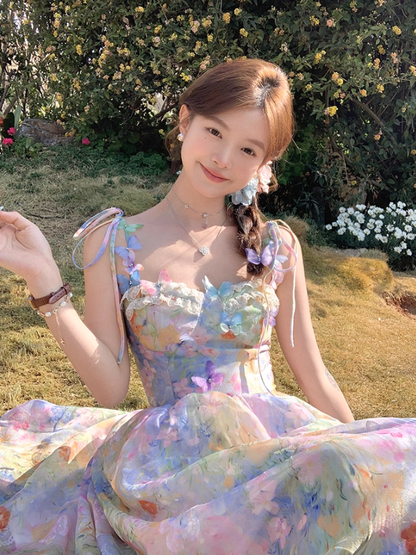 Long waist A-line suspender dress summer French retro temperament high-end skirt R4662