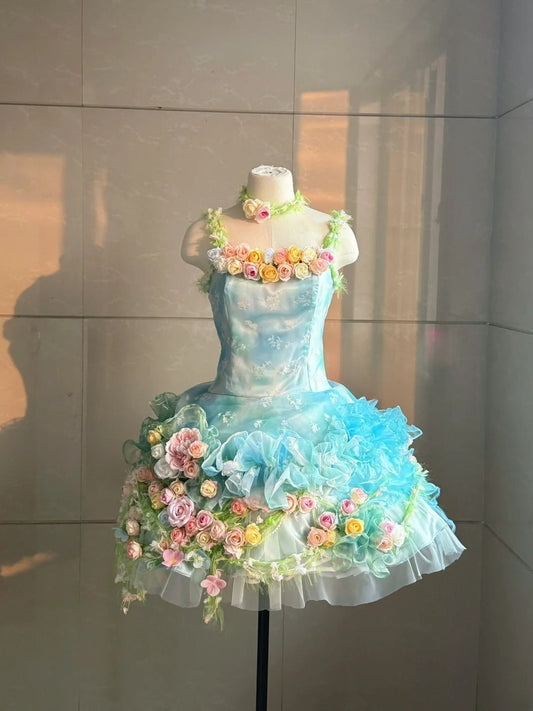 Colorful Homecoming Dress Spaghetti Straps Flower Pleated Short Prom Dress Back to School Outfits Party Dress  D5454