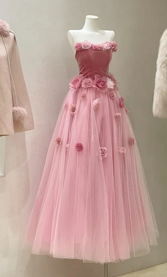 Pretty Prom Dress Strapless Pleated Tulle Floral Gala Dress Evening Dress Formal Gown      D5457