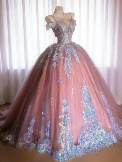 Chic Ball Gown Spaghetti Straps Pleated Tulle Evening Dress Quinceanera Dress Birthday Prom Gown       D5461