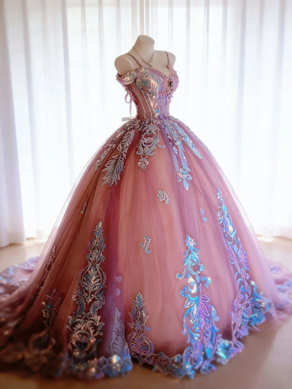 Chic Ball Gown Spaghetti Straps Pleated Tulle Evening Dress Quinceanera Dress Birthday Prom Gown       D5461