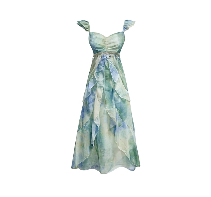 Holiday irregular suspender dress 2025 new ruffle design slim temperament long skirt R0056