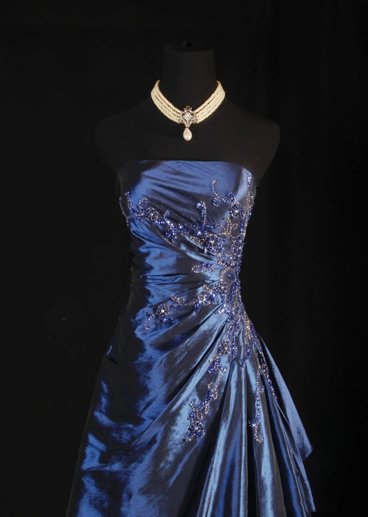 Vintage Ball Gown Strapless Navy Blue Satin Long Prom Dresses Party Dress