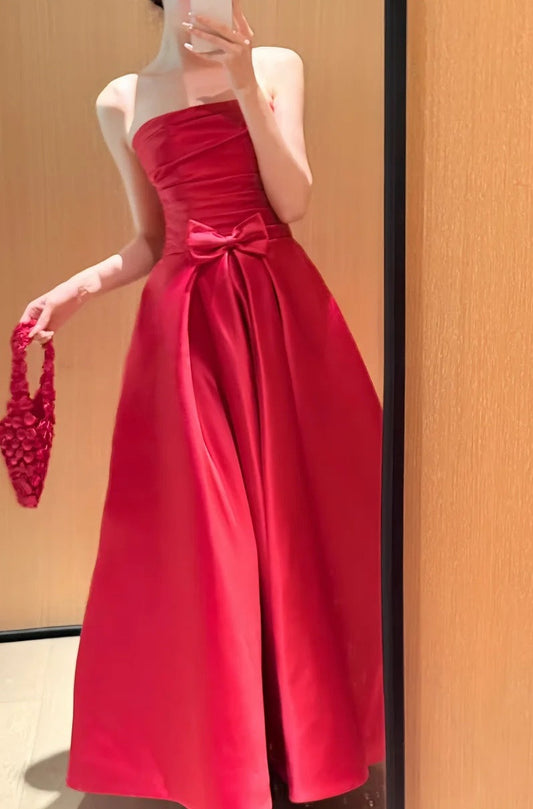 Charming Prom Dress Satin A Line Strapless Pleated Gala Dress Evening Dress       D5479