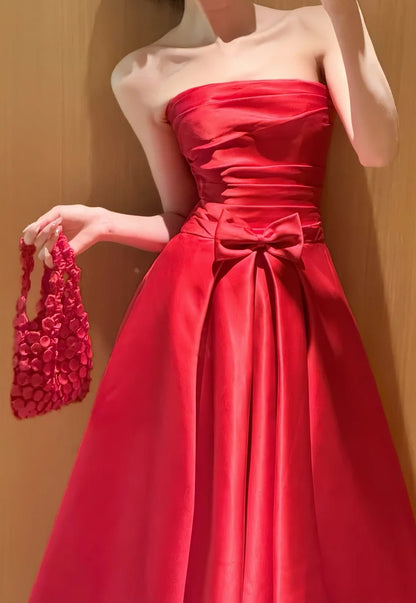 Charming Prom Dress Satin A Line Strapless Pleated Gala Dress Evening Dress       D5479