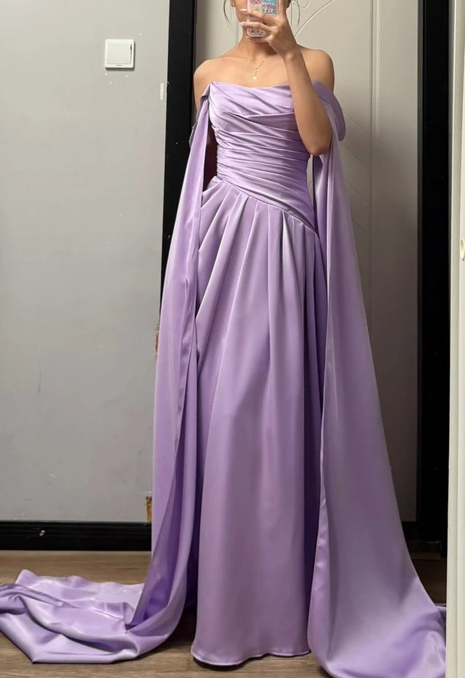 Elegant Prom Dress Satin Lilac Off Shoulder Pleated Gala Dress Evening Dress       D5482