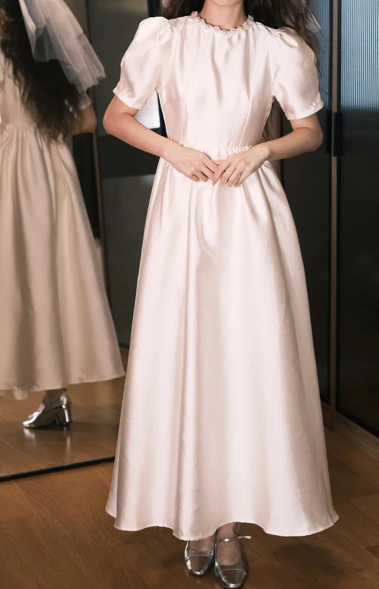 Elegant Prom Dress A Line White Crew Neck Pleated Gala Dress Evening Dress       D5484