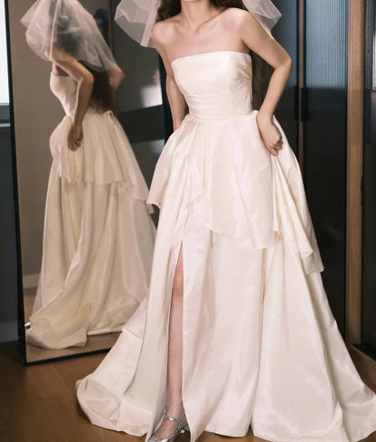 Elegant Wedding Dress White Strapless Satin Wedding Dress   D5489