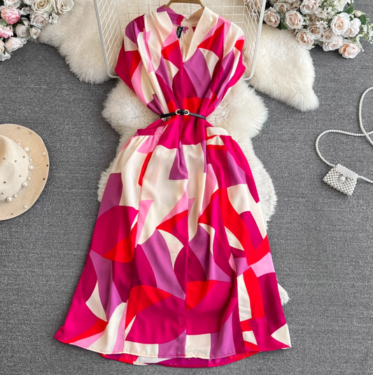 Beach vacation long dress gentle style short sleeves V-neck waist medium length A-line plaid dress R0358