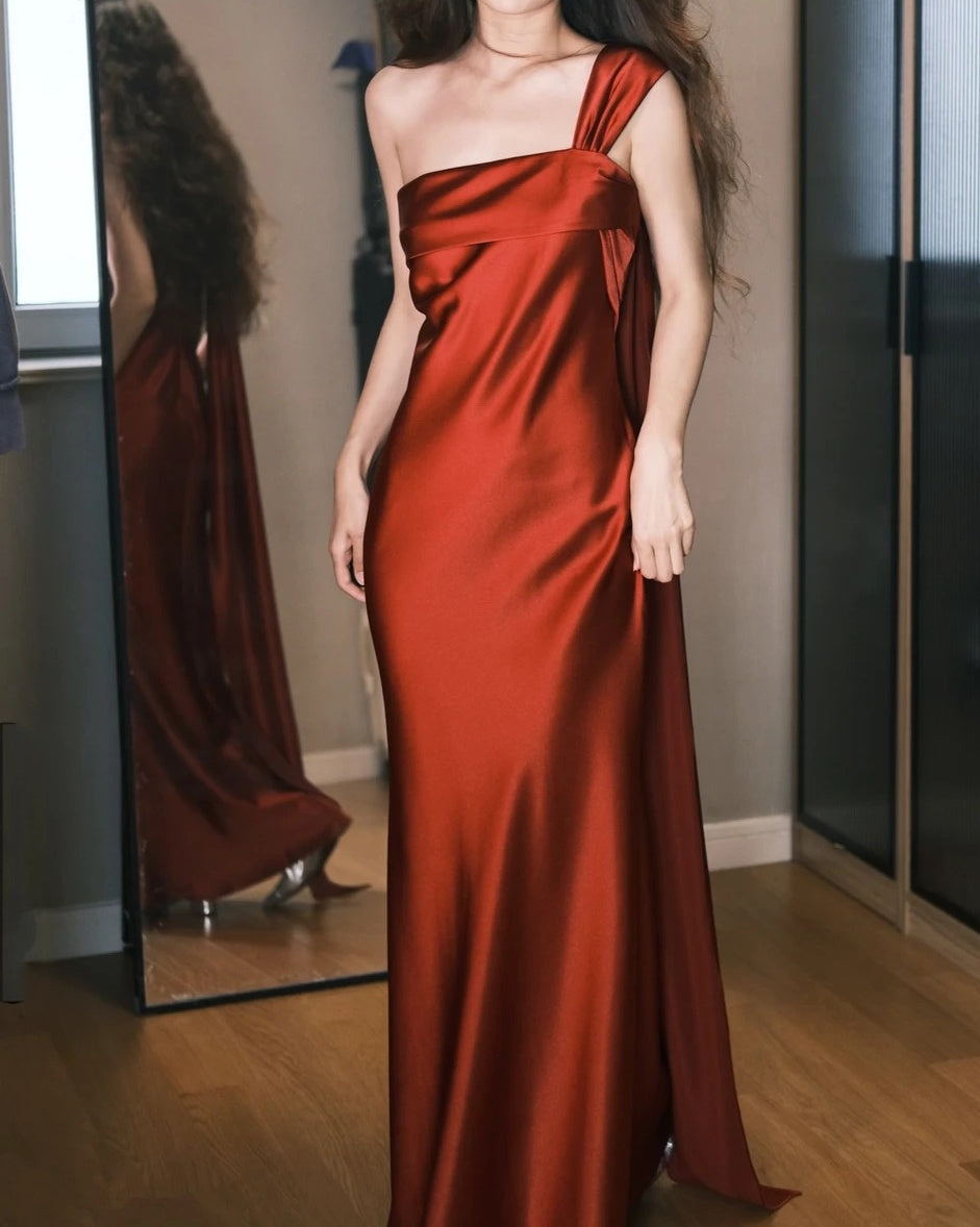 Elegant Prom Dress Wine Red Satin Off Shoulder Pleated Gala Dress Evening Dress       D5490